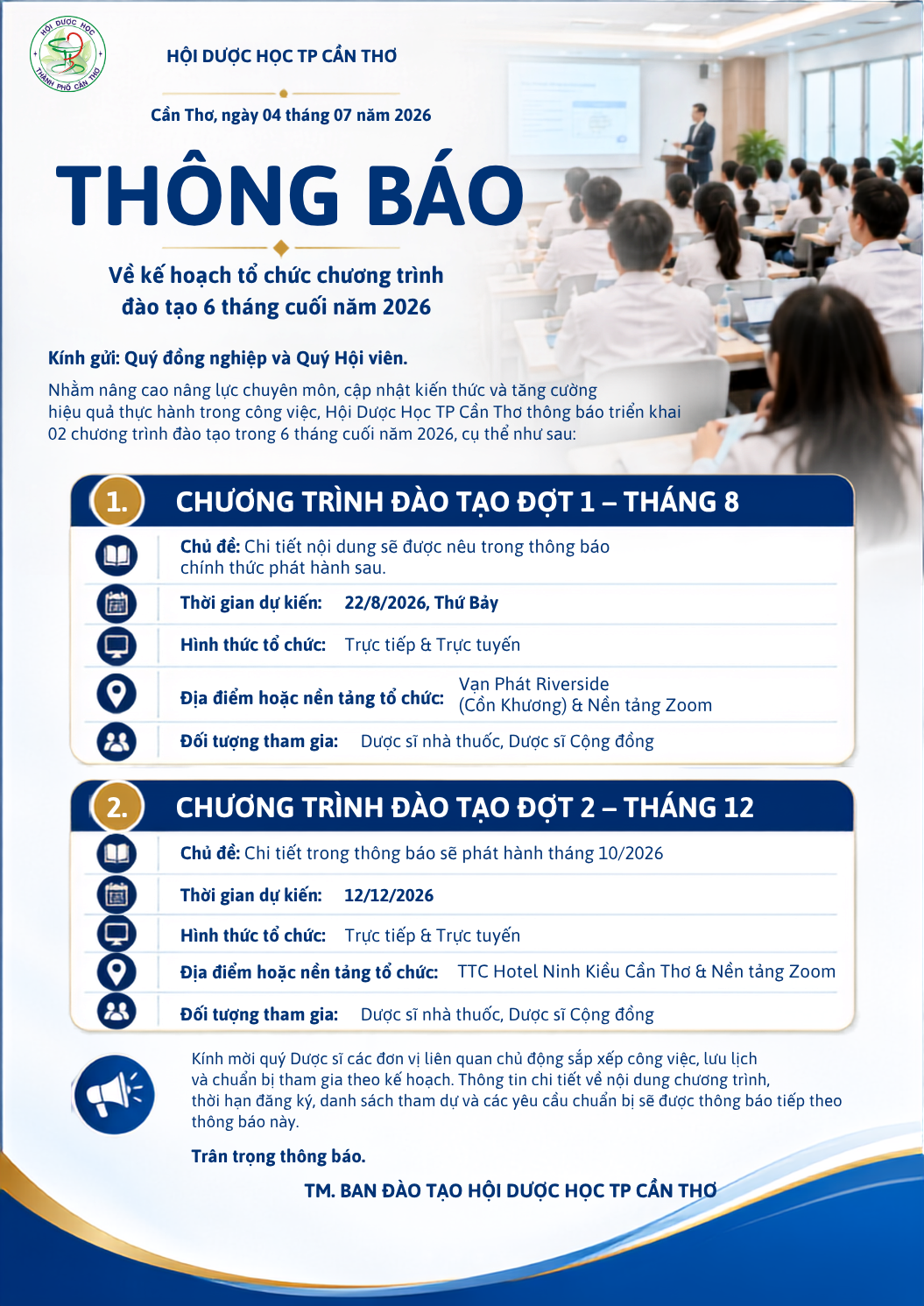 (ON LINE) CẬP NHẬT KIẾN THỨC CHUYÊN NGÀNH, PHÁP LUẬT VÀ QUẢN LÝ CHUYÊN MÔN VỀ DƯỢC